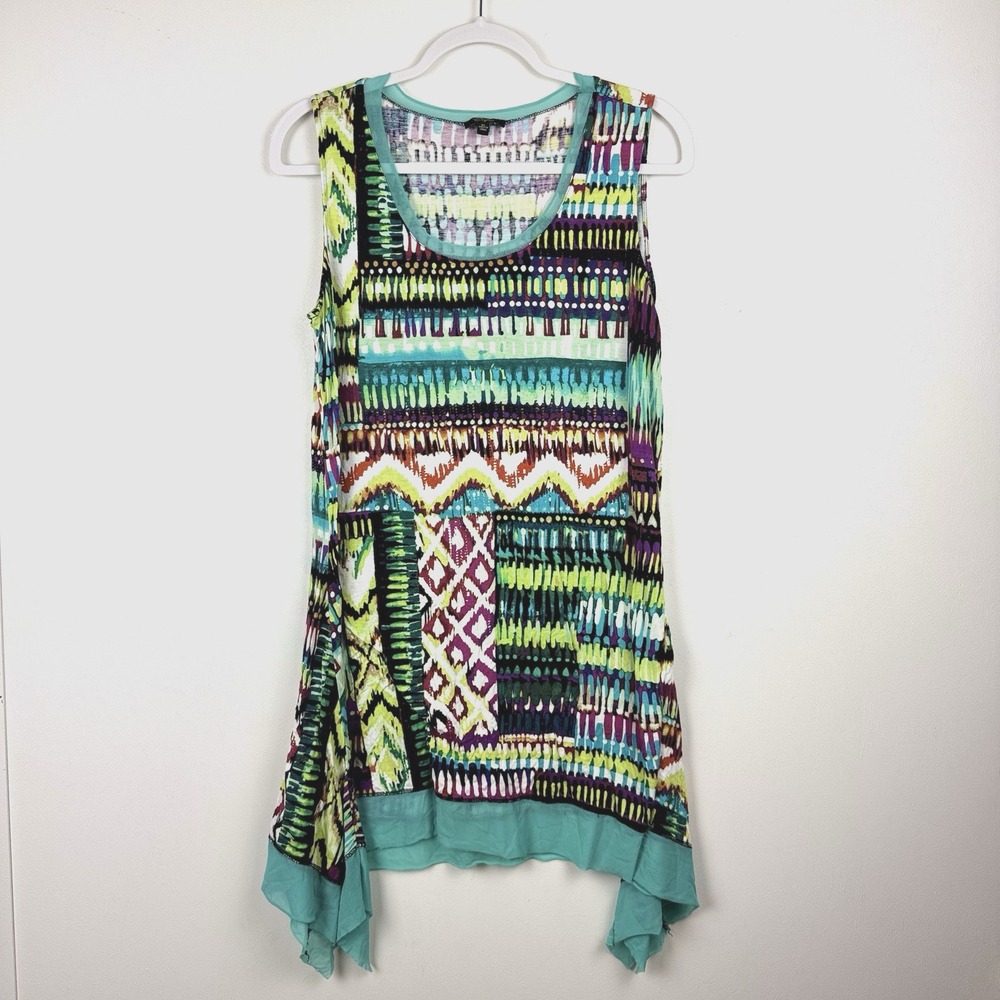Cupio Women's XL Mesh Trim‎ Tank Top Flowy Scoop Neck Colorful Artsy Blouse